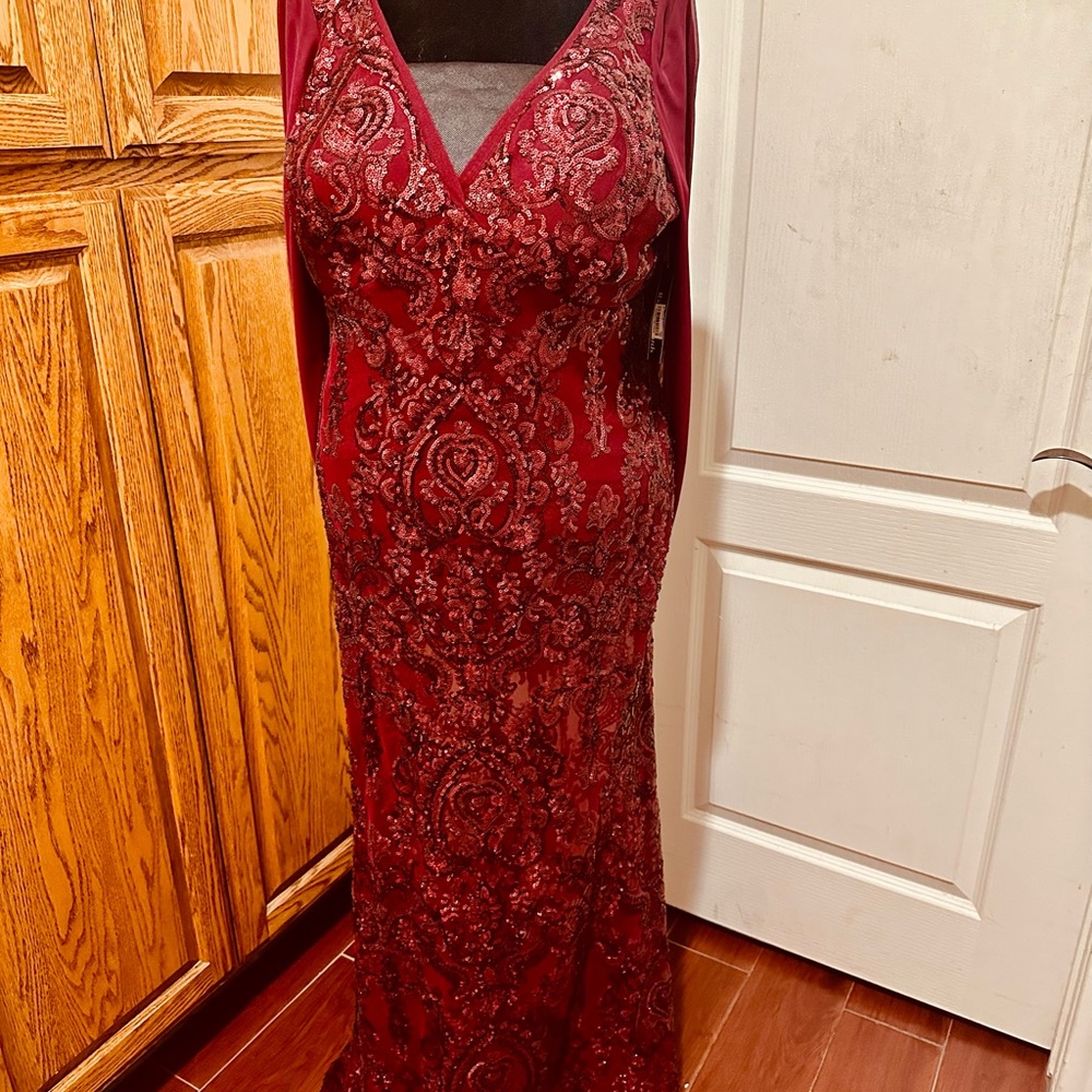 R&M Richards Deep Red Lace Maxi Dress